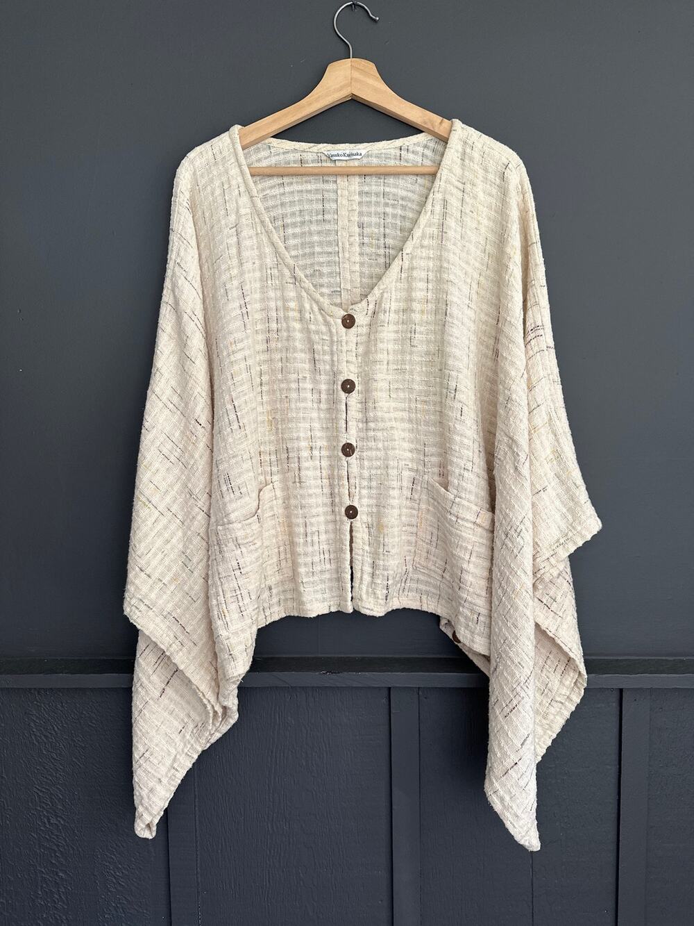 Yasuko Kurisaka Lagenlook Cotton Button Front Kimono Poncho Cardigan One Size